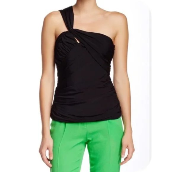L.A.M.B by Gwen Stefani Black Ruched One Shoulder Retro Halter Top Size Medium - Picture 11 of 13